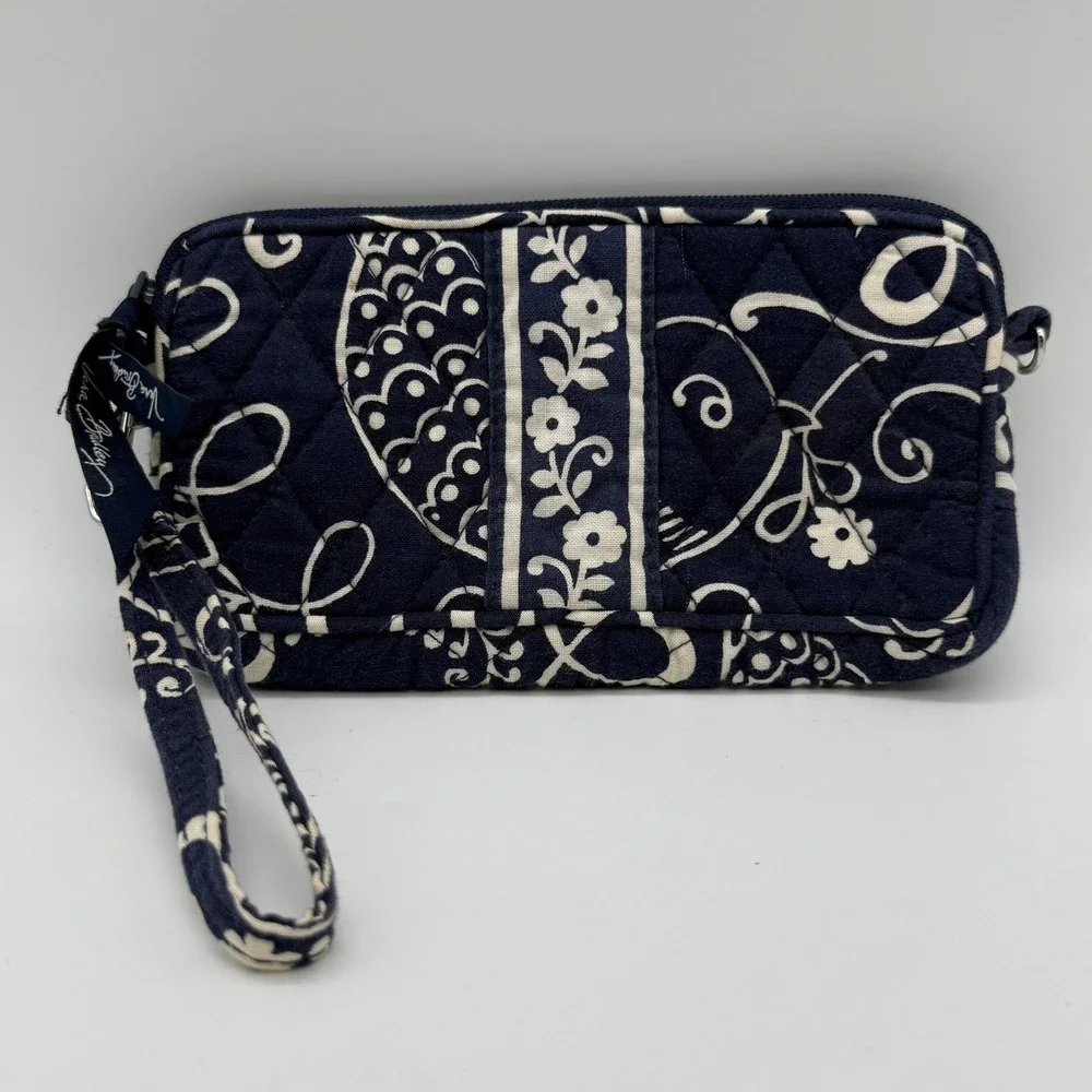 Vera Bradley Wristlet Clutch Wallet Twirly Birds Navy Blue Paisley Floral